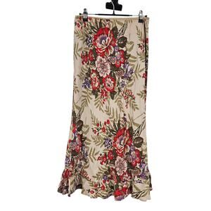 Vintage MelissaM Slip Skirt Tan Red Floral Ruffle Hem Pull On A-line Midi Size L
